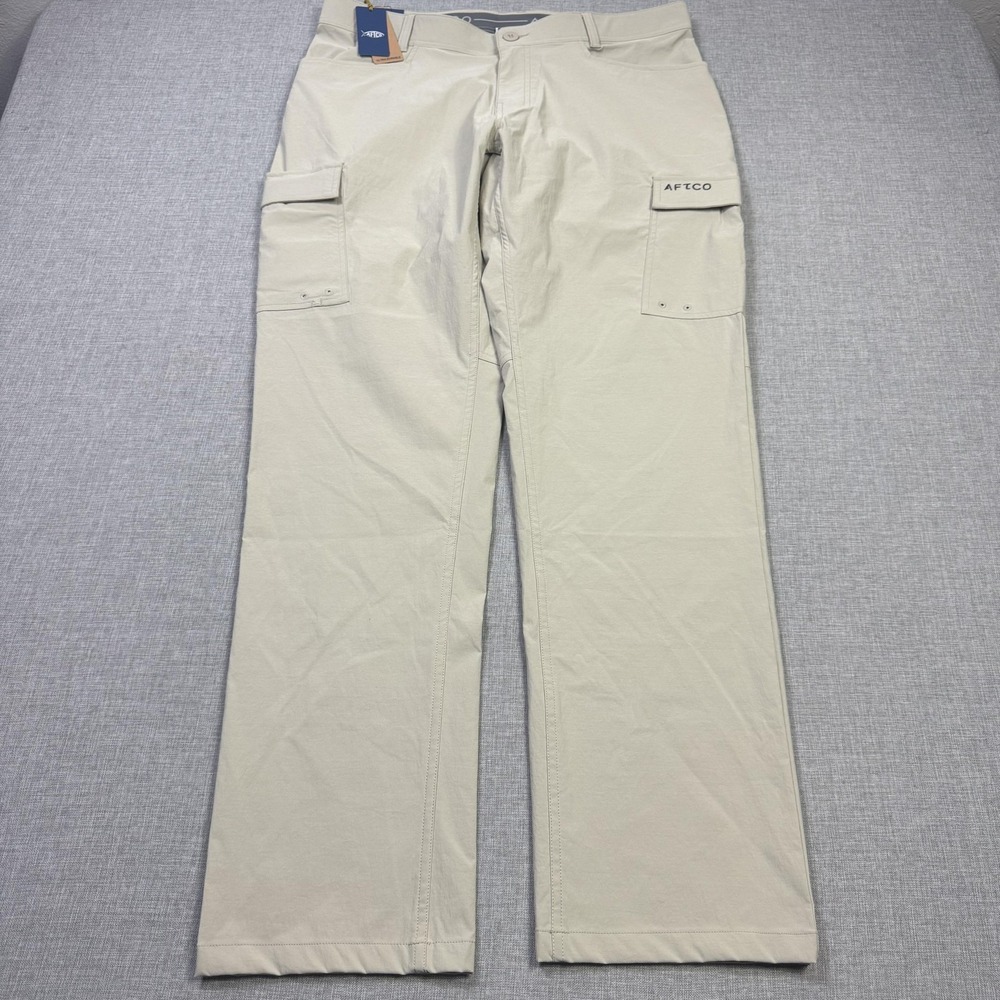 AFTCO Deckhand Fishing Pants Mens 36x32 Beige Cargo Quick Dry Flat Front